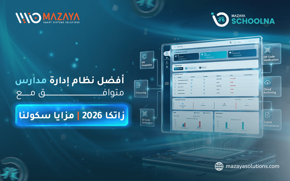 بانر ترويجي لنظام "مزايا سكولنا" (Mazaya Schoolna) المتوافق مع هيئة الزكاة والضريبة والجمارك (ZATCA)، لعرض نظام إدارة المدارس المتكامل والخدمات الإلكترونية.