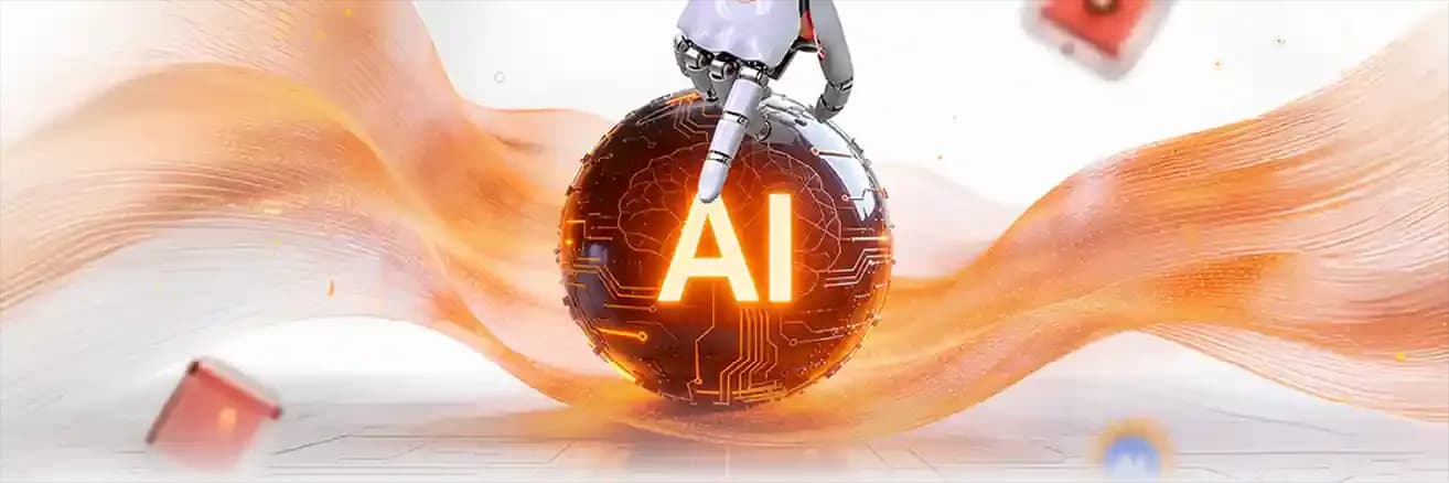 Main banner depicting a robotic arm touching a glowing digital orb containing a brain graphic and 'AI' text, representing AI and Robotic Process Automation services for enhancing business efficiency at Mazaya Integrated Solutions.