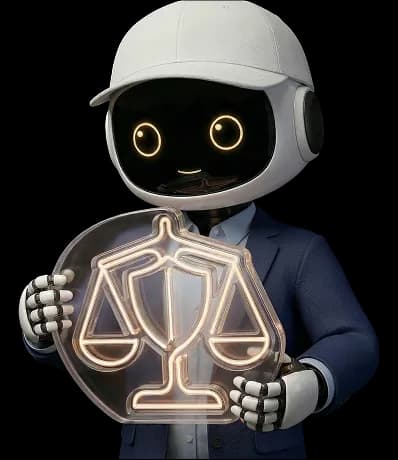 Mazaya Integrated Solutions robot in a business suit holding a scale symbol - GRC (Governance, Risk, and Compliance) solutions with over 20 years of experience