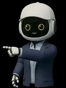 Mazaya robot wearing an elegant formal suit and a cap, pointing to the right.